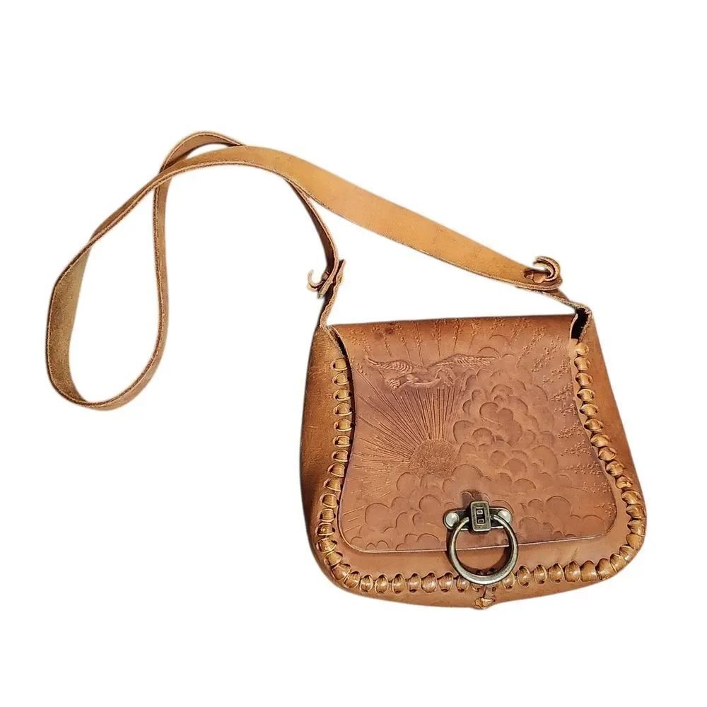 Vintage Leather Tooled Purse Shoulder Bag Brown Bird Clouds Sun Stitched Small